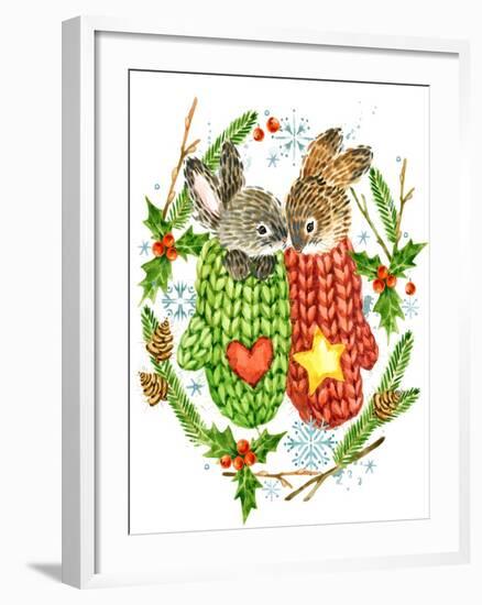 Cute Rabbit. Forest Animal. Christmas Card. Watercolor Winter Holidays Wreath Frame.-Faenkova Elena-Framed Art Print