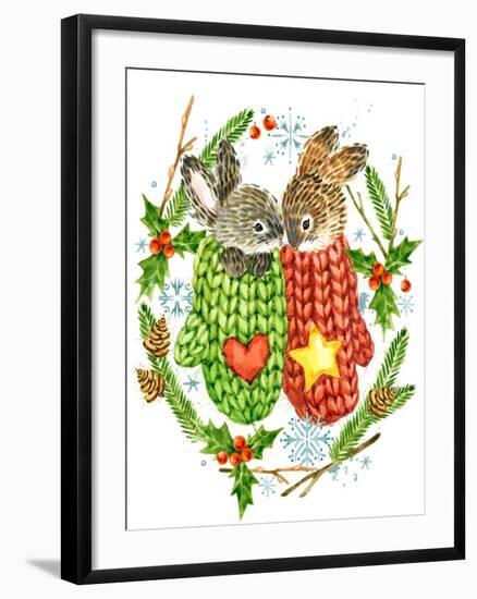 Cute Rabbit. Forest Animal. Christmas Card. Watercolor Winter Holidays Wreath Frame.-Faenkova Elena-Framed Art Print