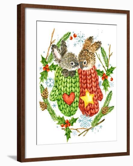 Cute Rabbit. Forest Animal. Christmas Card. Watercolor Winter Holidays Wreath Frame.-Faenkova Elena-Framed Art Print