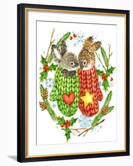 Cute Rabbit. Forest Animal. Christmas Card. Watercolor Winter Holidays Wreath Frame.-Faenkova Elena-Framed Art Print