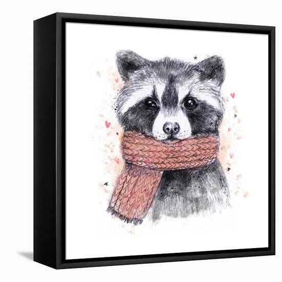 Cute Raccoon with Scarf , Sketchy Style. Autumn Cozy Illustrations with Warm Colors. Perfectly for-Maria Sem-Framed Stretched Canvas