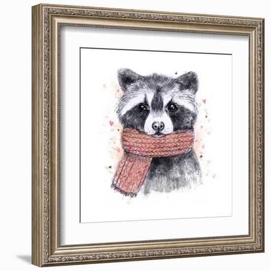 Cute Raccoon with Scarf , Sketchy Style. Autumn Cozy Illustrations with Warm Colors. Perfectly for-Maria Sem-Framed Art Print