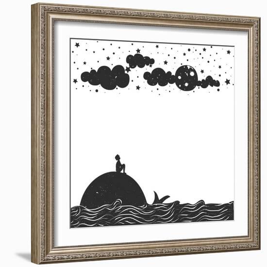 Cute Romantic Vector Illustration with Man Silhouette Sitting on a Whale and Looking at the Moon. I-julymilks-Framed Art Print
