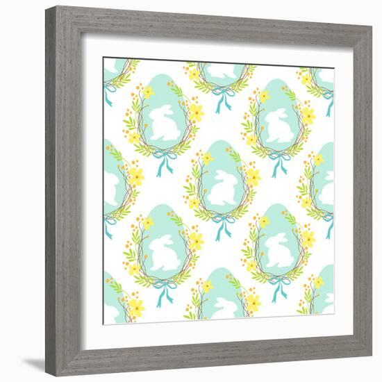 Cute Rustic Hand Drawn Easter Seamless Pattern with Wreath of Spring Flowers, Egg and Bunny for You-Cute Designs-Framed Premium Giclee Print