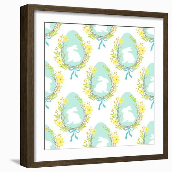 Cute Rustic Hand Drawn Easter Seamless Pattern with Wreath of Spring Flowers, Egg and Bunny for You-Cute Designs-Framed Premium Giclee Print