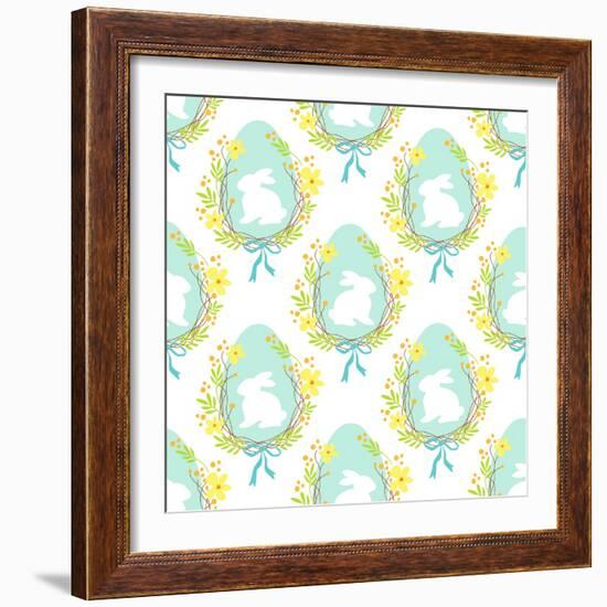 Cute Rustic Hand Drawn Easter Seamless Pattern with Wreath of Spring Flowers, Egg and Bunny for You-Cute Designs-Framed Premium Giclee Print