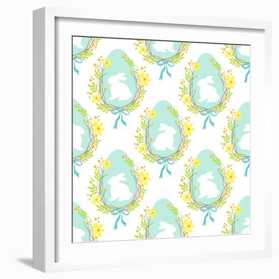 Cute Rustic Hand Drawn Easter Seamless Pattern with Wreath of Spring Flowers, Egg and Bunny for You-Cute Designs-Framed Premium Giclee Print