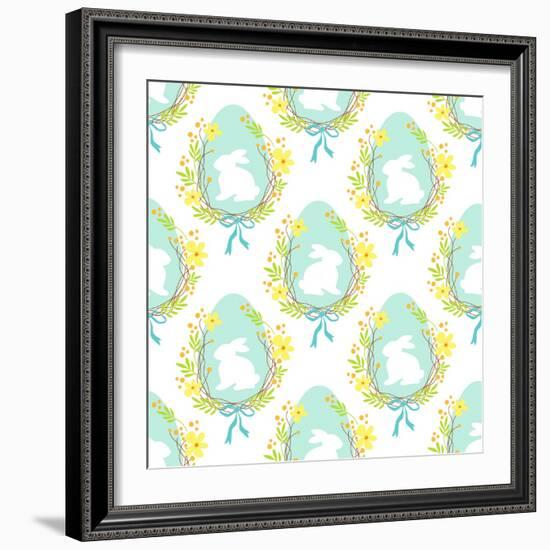 Cute Rustic Hand Drawn Easter Seamless Pattern with Wreath of Spring Flowers, Egg and Bunny for You-Cute Designs-Framed Premium Giclee Print