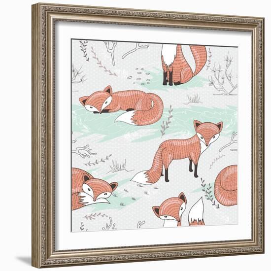 Cute Seamless Pattern with Little Foxes.-cherry blossom girl-Framed Art Print