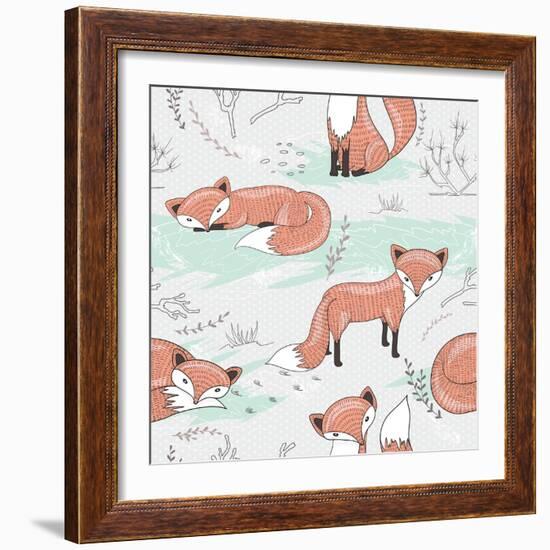 Cute Seamless Pattern with Little Foxes.-cherry blossom girl-Framed Art Print