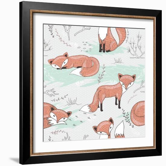 Cute Seamless Pattern with Little Foxes.-cherry blossom girl-Framed Art Print