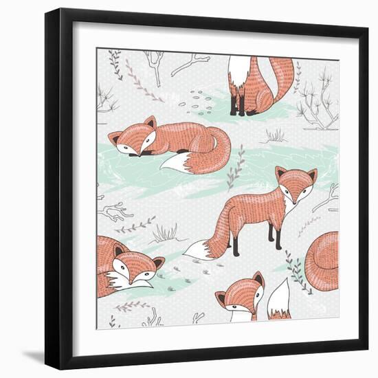 Cute Seamless Pattern with Little Foxes.-cherry blossom girl-Framed Art Print