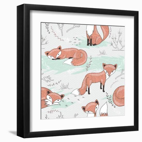 Cute Seamless Pattern with Little Foxes.-cherry blossom girl-Framed Art Print