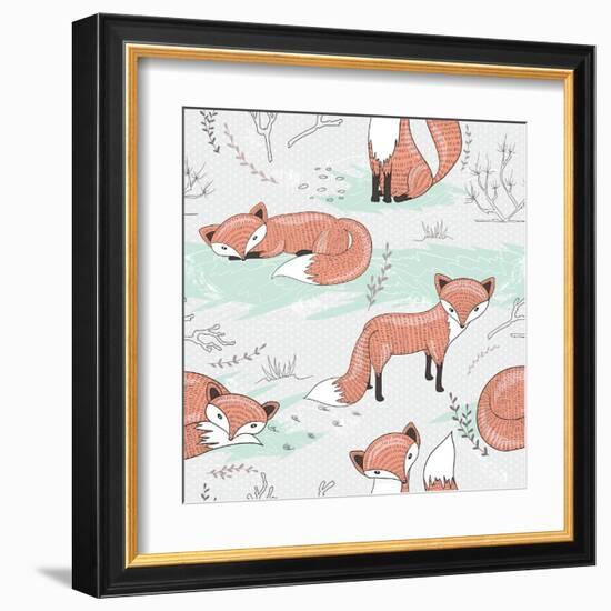 Cute Seamless Pattern with Little Foxes.-cherry blossom girl-Framed Art Print