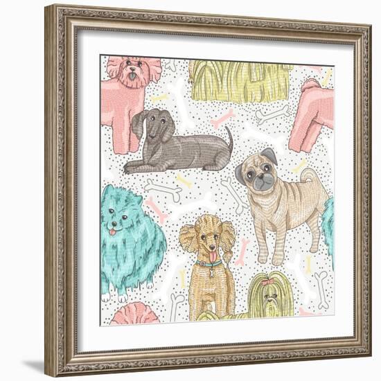 Cute Seamless Vector Pattern with Little Breed Dogs. Bichon, Pug, Spitz, Dachshund, Poodle, Shih Tz-cherry blossom girl-Framed Art Print