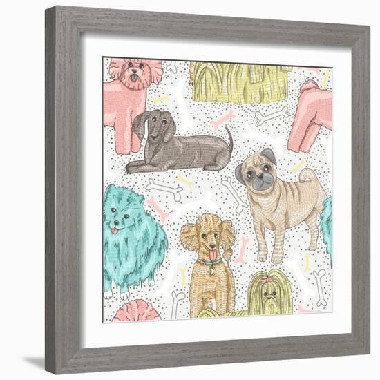 Cute Seamless Vector Pattern with Little Breed Dogs. Bichon, Pug, Spitz, Dachshund, Poodle, Shih Tz-cherry blossom girl-Framed Art Print