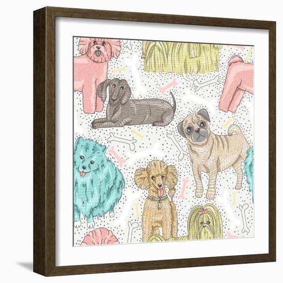 Cute Seamless Vector Pattern with Little Breed Dogs. Bichon, Pug, Spitz, Dachshund, Poodle, Shih Tz-cherry blossom girl-Framed Art Print