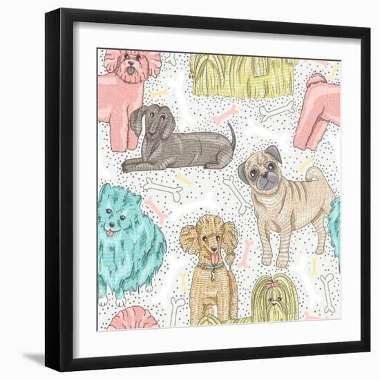 Cute Seamless Vector Pattern with Little Breed Dogs. Bichon, Pug, Spitz, Dachshund, Poodle, Shih Tz-cherry blossom girl-Framed Art Print