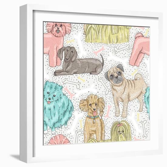 Cute Seamless Vector Pattern with Little Breed Dogs. Bichon, Pug, Spitz, Dachshund, Poodle, Shih Tz-cherry blossom girl-Framed Art Print