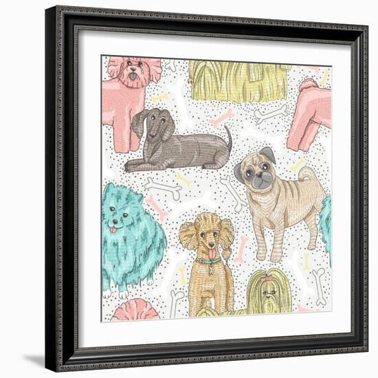 Cute Seamless Vector Pattern with Little Breed Dogs. Bichon, Pug, Spitz, Dachshund, Poodle, Shih Tz-cherry blossom girl-Framed Art Print