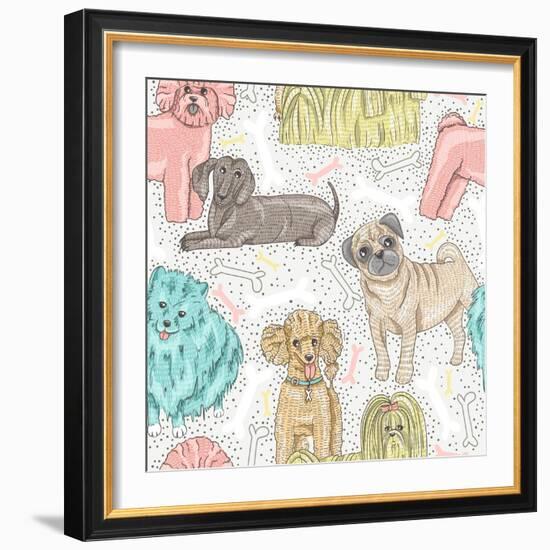 Cute Seamless Vector Pattern with Little Breed Dogs. Bichon, Pug, Spitz, Dachshund, Poodle, Shih Tz-cherry blossom girl-Framed Art Print