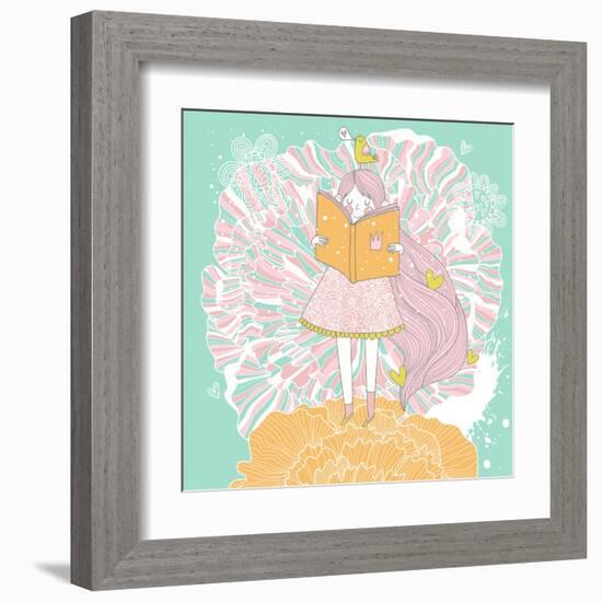 Cute Small Princess Reading a Book on Flower. Pastel Colored Girl with a Book and Colorful Ranuncul-smilewithjul-Framed Art Print