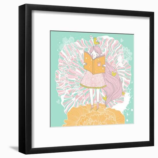 Cute Small Princess Reading a Book on Flower. Pastel Colored Girl with a Book and Colorful Ranuncul-smilewithjul-Framed Art Print