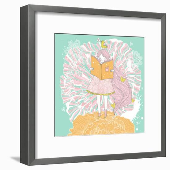 Cute Small Princess Reading a Book on Flower. Pastel Colored Girl with a Book and Colorful Ranuncul-smilewithjul-Framed Art Print