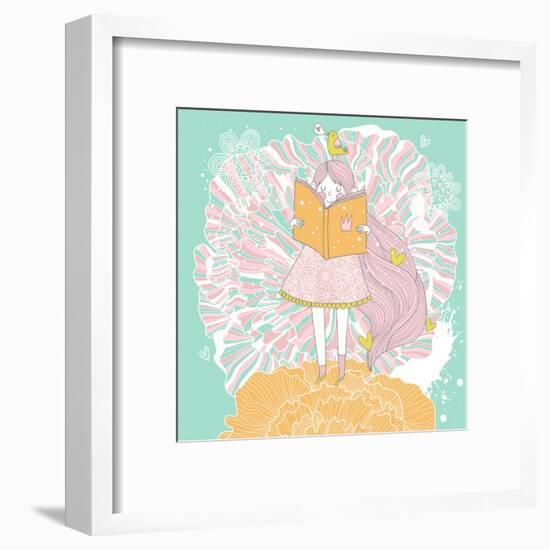 Cute Small Princess Reading a Book on Flower. Pastel Colored Girl with a Book and Colorful Ranuncul-smilewithjul-Framed Art Print