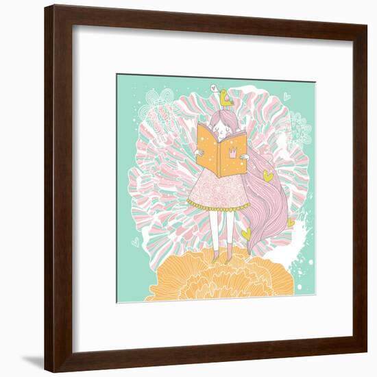 Cute Small Princess Reading a Book on Flower. Pastel Colored Girl with a Book and Colorful Ranuncul-smilewithjul-Framed Art Print