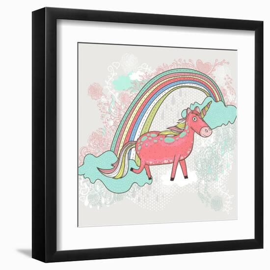 Cute Unicorn Illustration for Children or Kids. Doodle Floral Pattern Background.-cherry blossom girl-Framed Art Print