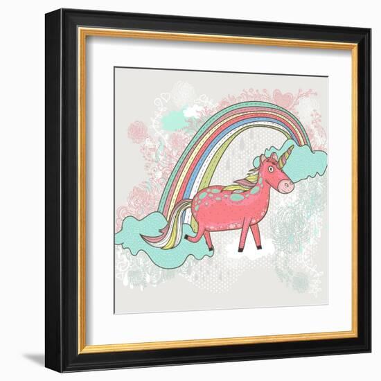 Cute Unicorn Illustration for Children or Kids. Doodle Floral Pattern Background.-cherry blossom girl-Framed Art Print