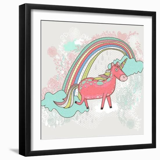 Cute Unicorn Illustration for Children or Kids. Doodle Floral Pattern Background.-cherry blossom girl-Framed Art Print