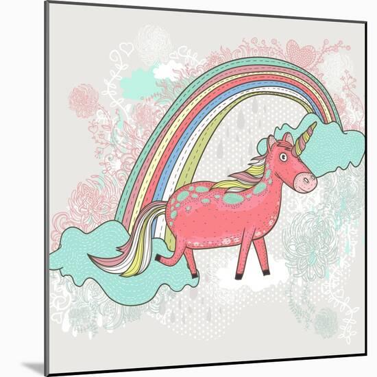 Cute Unicorn Illustration for Children or Kids. Doodle Floral Pattern Background.-cherry blossom girl-Mounted Art Print