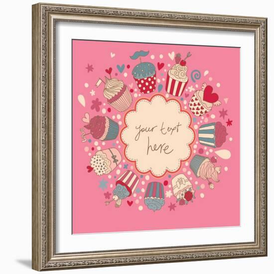 Cute Vector Background with Vintage Cupcakes. Romantic Bakery Frame with Place for Text. Birthday D-smilewithjul-Framed Art Print