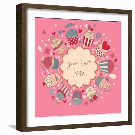 Cute Vector Background with Vintage Cupcakes. Romantic Bakery Frame with Place for Text. Birthday D-smilewithjul-Framed Art Print