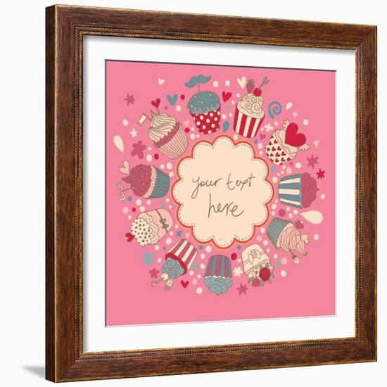 Cute Vector Background with Vintage Cupcakes. Romantic Bakery Frame with Place for Text. Birthday D-smilewithjul-Framed Art Print