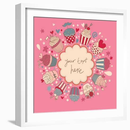 Cute Vector Background with Vintage Cupcakes. Romantic Bakery Frame with Place for Text. Birthday D-smilewithjul-Framed Art Print