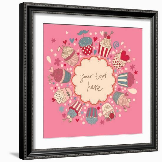 Cute Vector Background with Vintage Cupcakes. Romantic Bakery Frame with Place for Text. Birthday D-smilewithjul-Framed Art Print