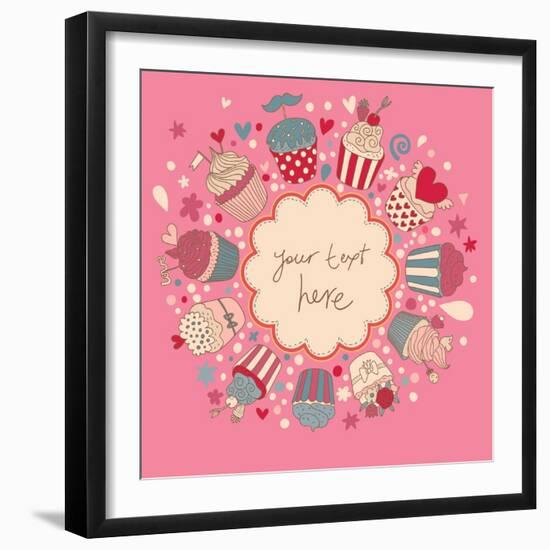 Cute Vector Background with Vintage Cupcakes. Romantic Bakery Frame with Place for Text. Birthday D-smilewithjul-Framed Premium Giclee Print