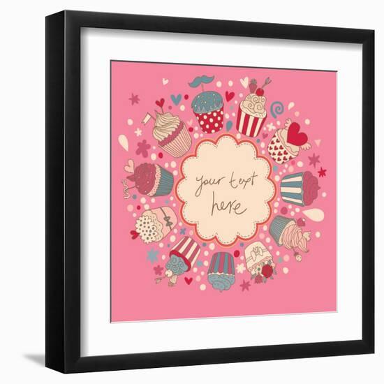 Cute Vector Background with Vintage Cupcakes. Romantic Bakery Frame with Place for Text. Birthday D-smilewithjul-Framed Art Print