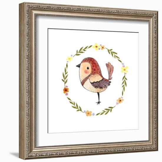 Cute Watercolor Bird with Floral Wreath. Funny Kids Illustration. Perfect for Prints,Cards and Othe-Maria Sem-Framed Art Print
