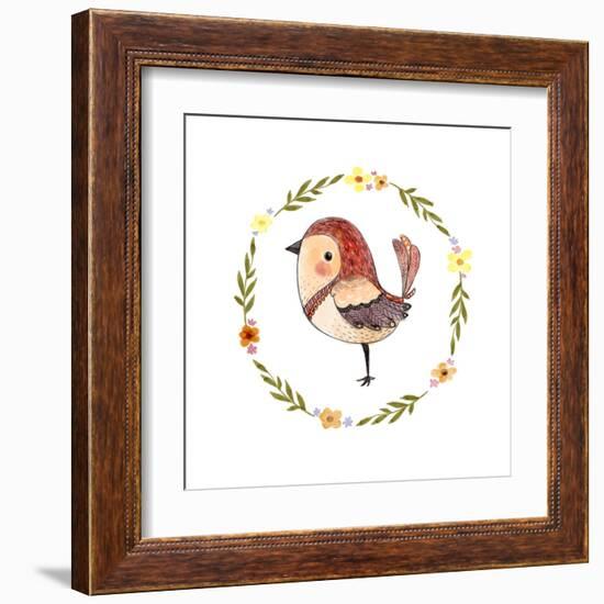 Cute Watercolor Bird with Floral Wreath. Funny Kids Illustration. Perfect for Prints,Cards and Othe-Maria Sem-Framed Art Print