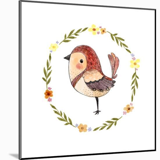 Cute Watercolor Bird with Floral Wreath. Funny Kids Illustration. Perfect for Prints,Cards and Othe-Maria Sem-Mounted Art Print