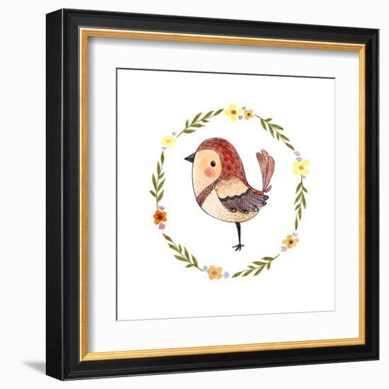 Cute Watercolor Bird with Floral Wreath. Funny Kids Illustration. Perfect for Prints,Cards and Othe-Maria Sem-Framed Art Print