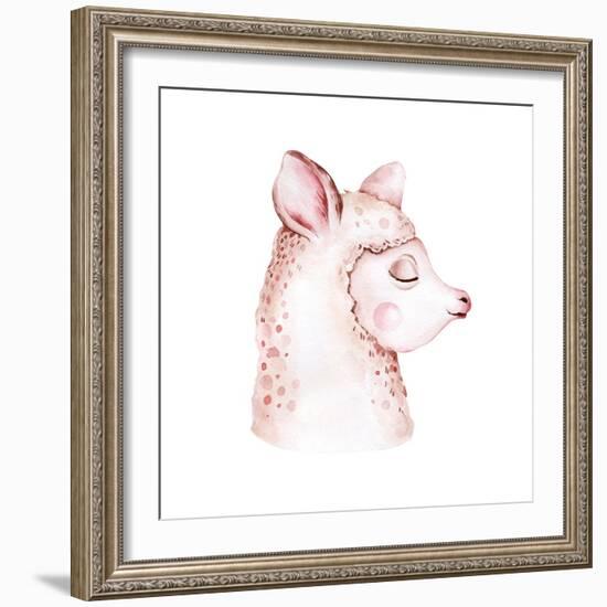 Cute Watercolor Llama, Alpaca Illustration Isolated on White. Llama Print Ethnic Blanket, Flowers W-Kris_art-Framed Photographic Print