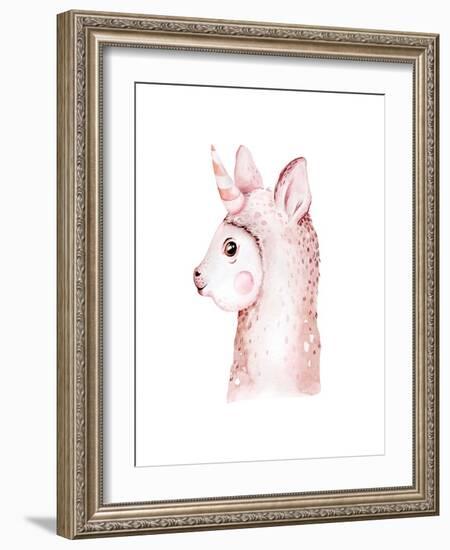 Cute Watercolor Llama, Alpaca Illustration Isolated on White. Llama Print Ethnic Blanket, Flowers W-Kris_art-Framed Photographic Print