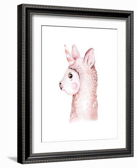 Cute Watercolor Llama, Alpaca Illustration Isolated on White. Llama Print Ethnic Blanket, Flowers W-Kris_art-Framed Photographic Print