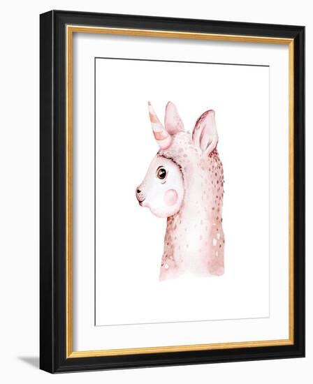 Cute Watercolor Llama, Alpaca Illustration Isolated on White. Llama Print Ethnic Blanket, Flowers W-Kris_art-Framed Photographic Print