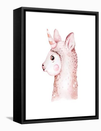 Cute Watercolor Llama, Alpaca Illustration Isolated on White. Llama Print Ethnic Blanket, Flowers W-Kris_art-Framed Premier Image Canvas